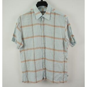 River‎ Island Linen Men's Large Short Sleeve Light Blue Orange Button Up Shirt